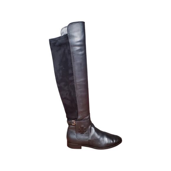 Tory Burch Wyatt Over The Knee Riding Boots Leather Black Logo 40791 Size 7 - Picture 1 of 14
